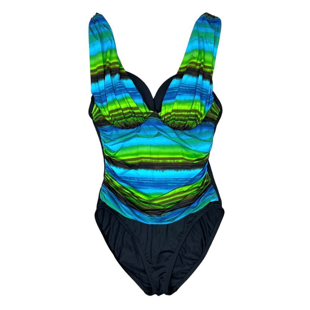 La Blanca One Piece Swimsuit Black Green & Blue Size 10 Ruched Swim Beach Pool